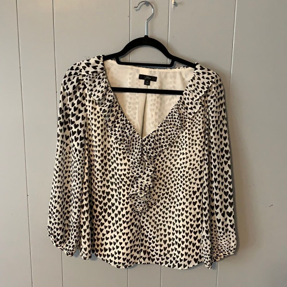 J. Crew White & Black Heart Blouse Size Small